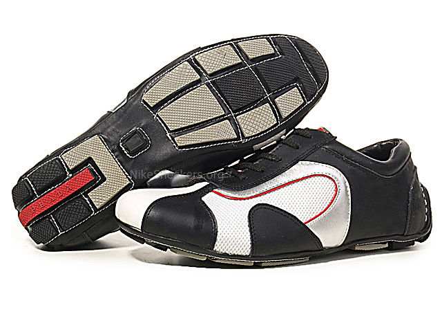 Prada Men's Casual Shoes - Black / Silver / White Leather With Red Binding Prada Men's Casual Shoes - Black / Silver / White Leather With Red Binding