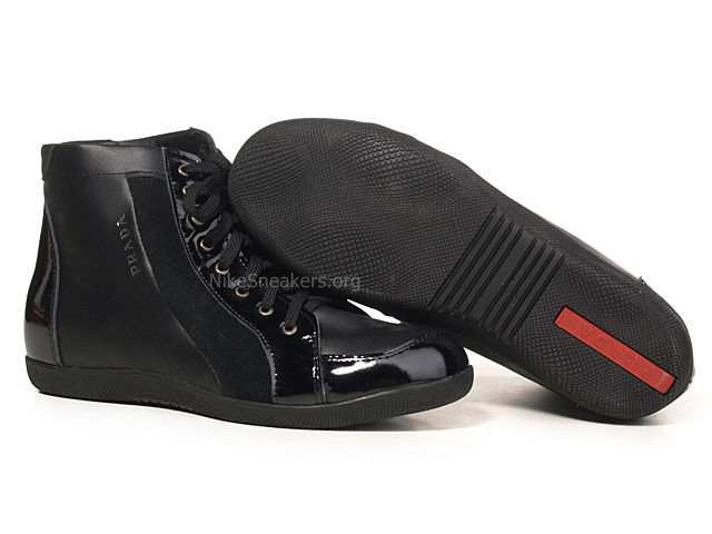 Prada Men's High Shoes - All Black with Red Line Prada Men's High Shoes - All Black with Red Line