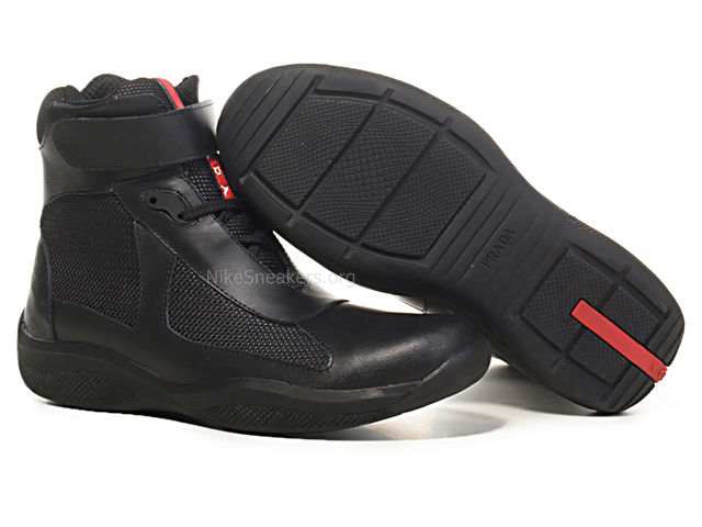 Prada Men's High Shoes - Black Leather / Net and Grey Sole Prada Men's High Shoes - Black Leather / Net and Grey Sole