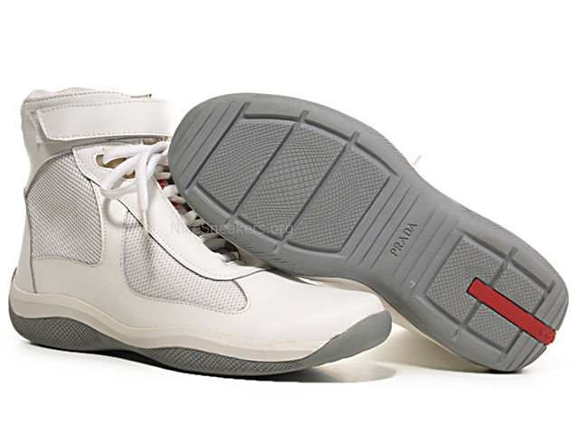 Prada Men's High Shoes - Black Leather / White Net and Grey Sole Prada Men's High Shoes - Black Leather / White Net and Grey Sole