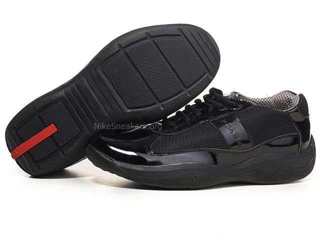 Prada Men's Low Shoes - All Black Leather and Net with Brand Prada Men's Low Shoes - All Black Leather and Net with Brand
