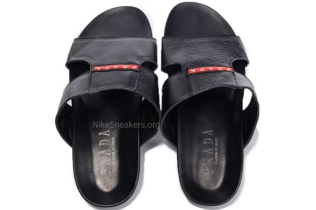 Prada Men's Slipper - Black Leather with Red Line and "PRADA"Brand Prada Men's Slipper - Black Leather with Red Line and "PRADA"Brand