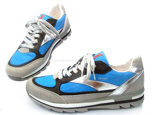 Prada Men's Sneaker - Dodger Blue / Black / Grey With Silver Lace Prada Men's Sneaker - Dodger Blue / Black / Grey With Silver Lace