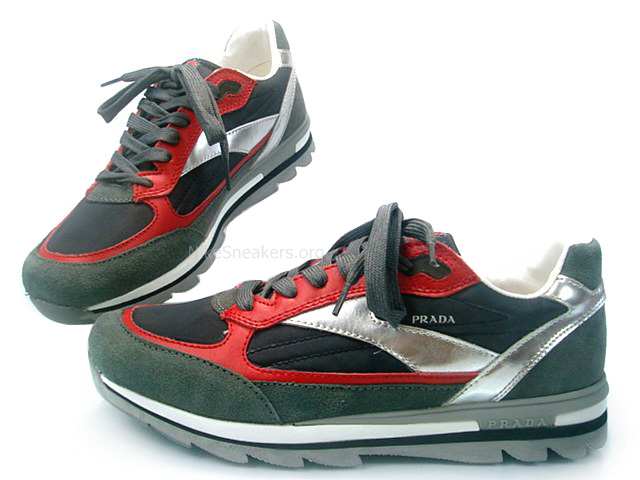 Prada Men's Sneaker - Black / Red / Blue With Silver Lace Prada Men's Sneaker - Black / Red / Blue With Silver Lace